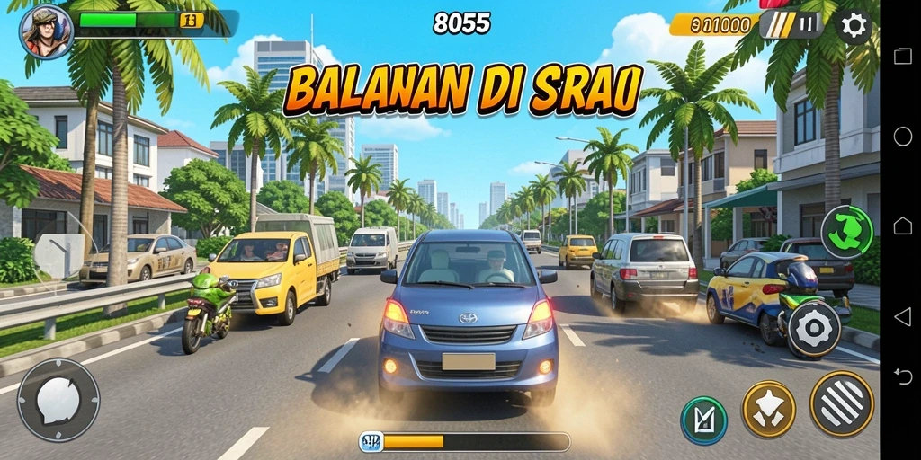 Screenshot gameplay menunjukkan mobil balap di lintasan yang menantang.