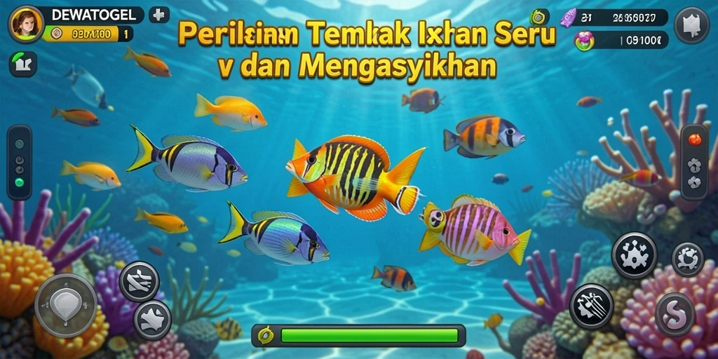Screenshot utama DEWATOGEL menampilkan momen menangkap ikan berwarna-warni.