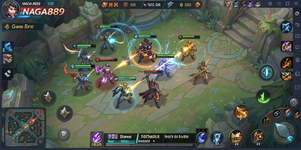 Screenshot gameplay NAGA889 yang menampilkan pertempuran seru di arena MOBA.