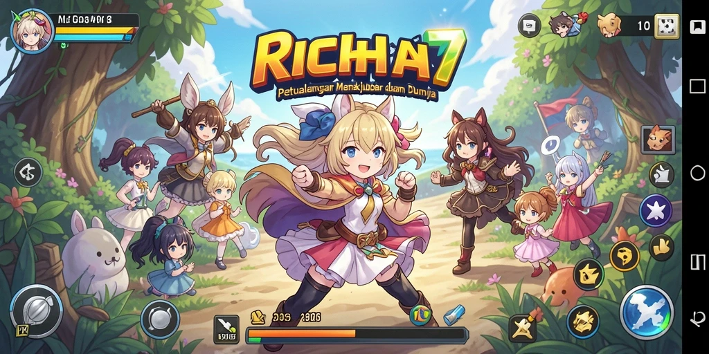Tampilan seru dari gameplay <strong>RICH7</strong> yang penuh warna dan karakter dinamis.