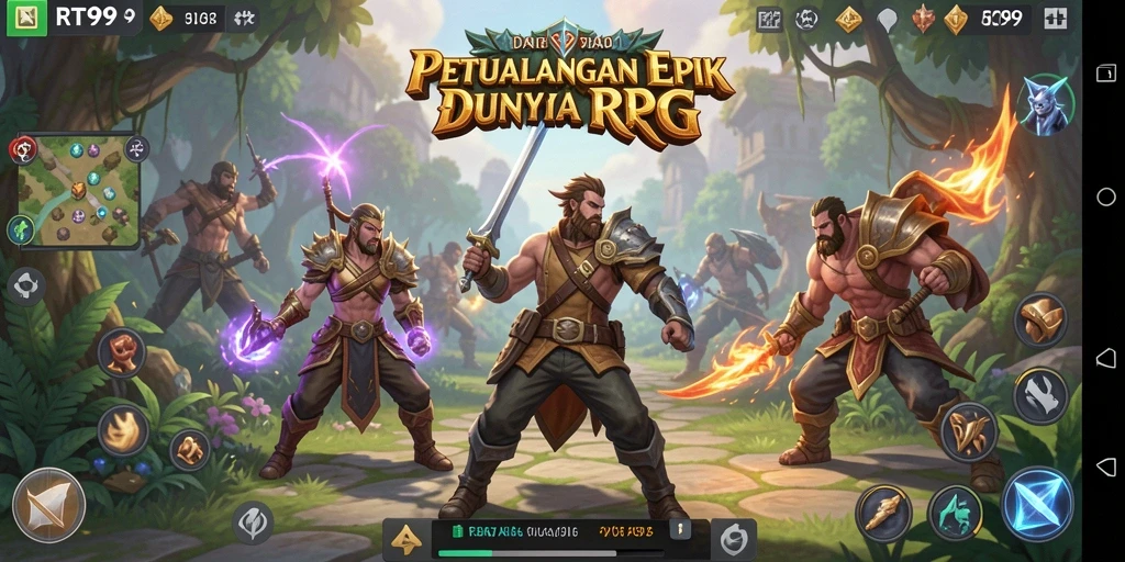 Screenshot gameplay RT99 menampilkan aksi pertempuran RPG yang mendebarkan.