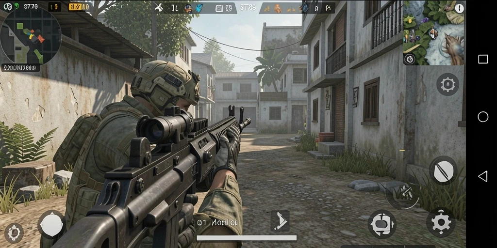 Screenshot gameplay ST789 menampilkan pertarungan intens dalam style FPS.